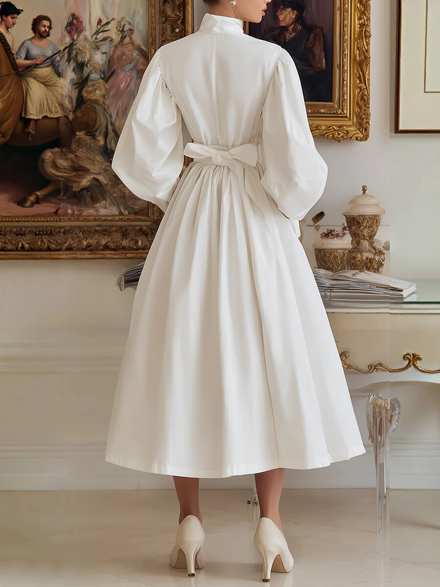 A-Line High Waisted Pleated Pockets Solid Color Tied Waist High Neck Midi Dresses - Image 2