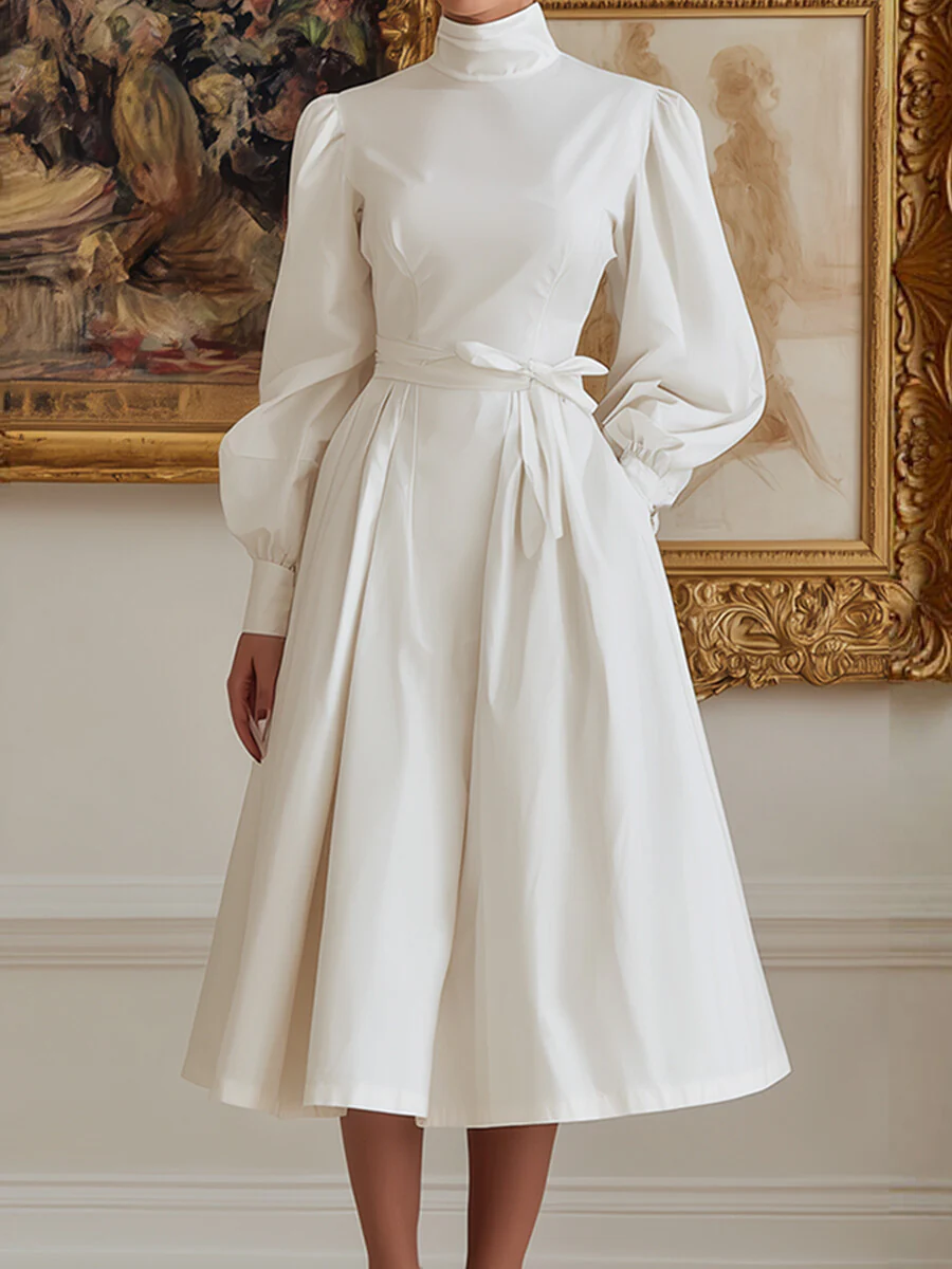 A-Line High Waisted Pleated Pockets Solid Color Tied Waist High Neck Midi Dresses - Image 3