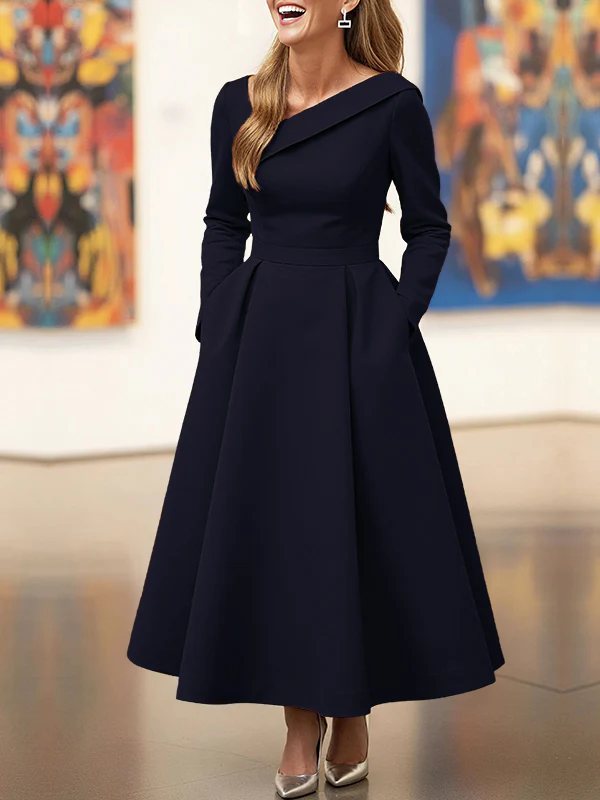 A-Line High Waisted Pleated Pockets Solid Color V-Neck Maxi Dresses - Image 2