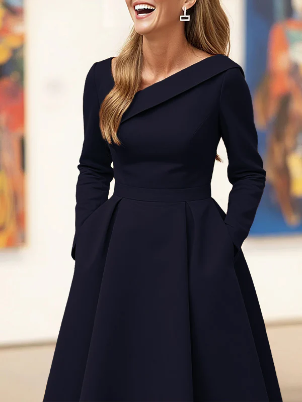 A-Line High Waisted Pleated Pockets Solid Color V-Neck Maxi Dresses - Image 3