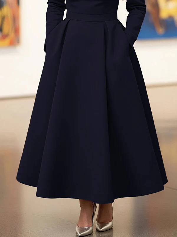A-Line High Waisted Pleated Pockets Solid Color V-Neck Maxi Dresses - Image 4