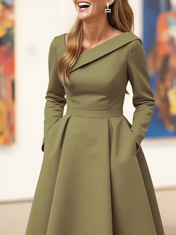 A-Line High Waisted Pleated Pockets Solid Color V-Neck Maxi Dresses - Image 5