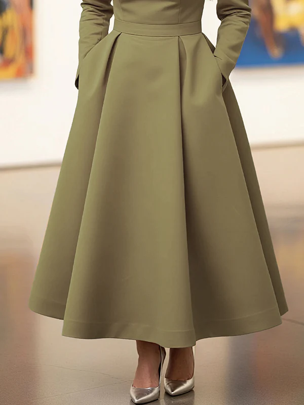 A-Line High Waisted Pleated Pockets Solid Color V-Neck Maxi Dresses - Image 6