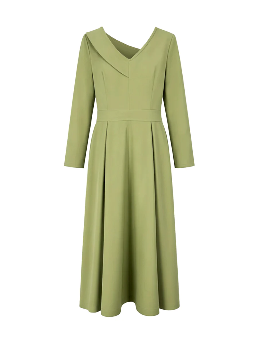 A-Line High Waisted Pleated Pockets Solid Color V-Neck Maxi Dresses - Image 8