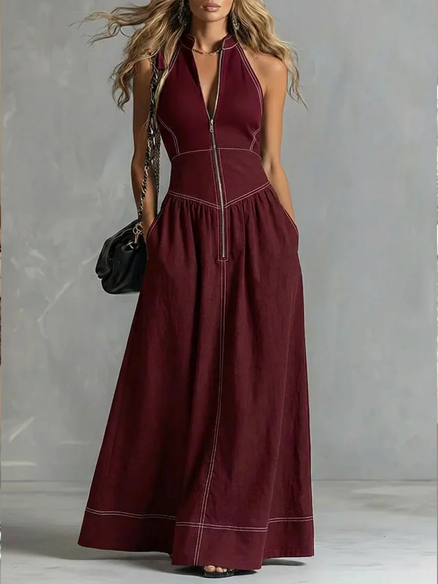 A-Line High Waisted Pleated Pockets Solid Color Zipper Stand Collar Maxi Dresses - Image 2
