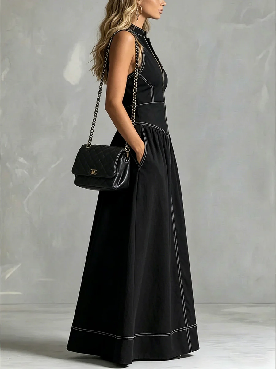 A-Line High Waisted Pleated Pockets Solid Color Zipper Stand Collar Maxi Dresses - Image 3