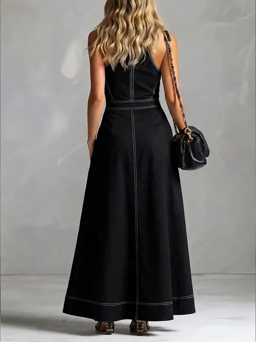 A-Line High Waisted Pleated Pockets Solid Color Zipper Stand Collar Maxi Dresses - Image 4