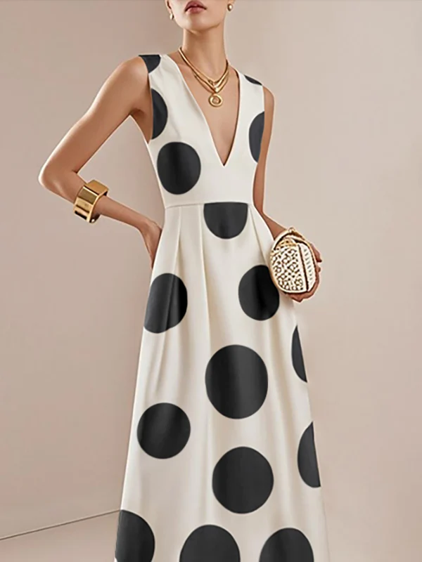 A-Line High Waisted Pleated Polka-Dot V-Neck Maxi Dresses - Image 2