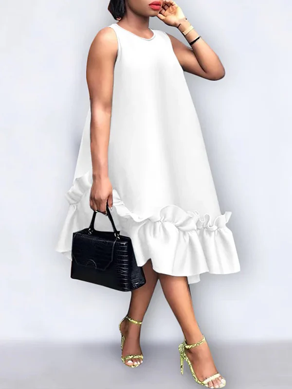 A-Line High Waisted Pleated Pockets Ruffle Trim Solid Color Round-Neck Midi Dresses - Image 2