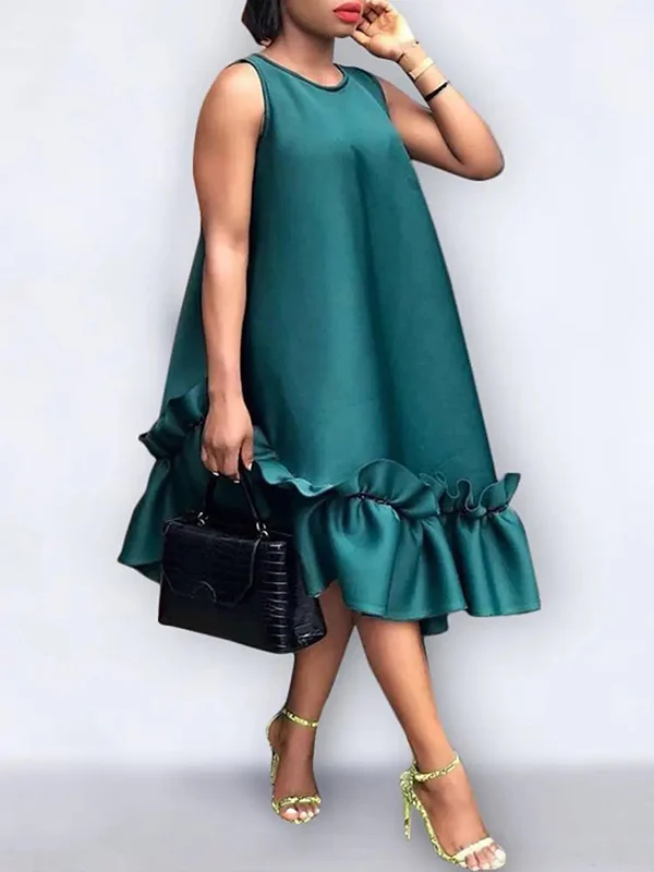 A-Line High Waisted Pleated Pockets Ruffle Trim Solid Color Round-Neck Midi Dresses - Image 3