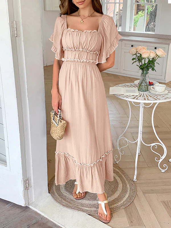 A-Line High Waisted Pleated Ruffle Trim Split-Joint Zipper Square-Neck Midi Dresses - Image 10