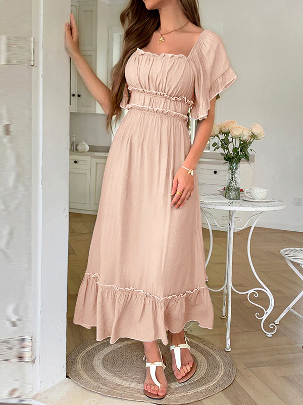 A-Line High Waisted Pleated Ruffle Trim Split-Joint Zipper Square-Neck Midi Dresses - Image 11