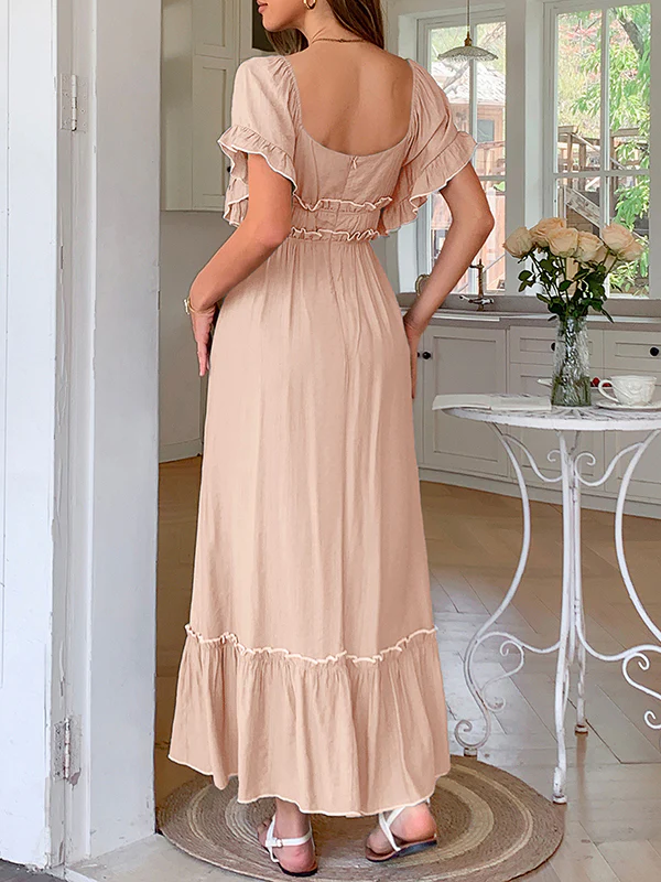 A-Line High Waisted Pleated Ruffle Trim Split-Joint Zipper Square-Neck Midi Dresses - Image 12