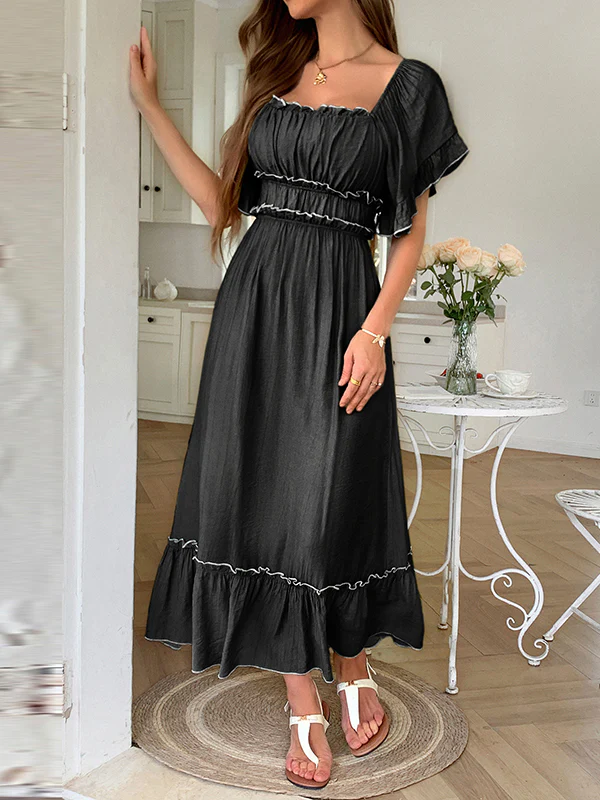 A-Line High Waisted Pleated Ruffle Trim Split-Joint Zipper Square-Neck Midi Dresses - Image 13