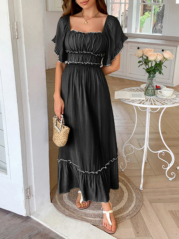 A-Line High Waisted Pleated Ruffle Trim Split-Joint Zipper Square-Neck Midi Dresses - Image 14