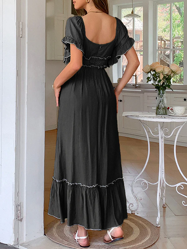 A-Line High Waisted Pleated Ruffle Trim Split-Joint Zipper Square-Neck Midi Dresses - Image 15