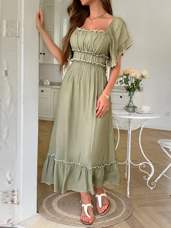 A-Line High Waisted Pleated Ruffle Trim Split-Joint Zipper Square-Neck Midi Dresses - Image 2