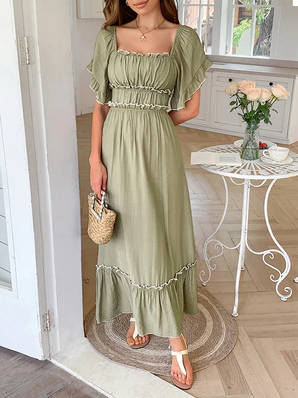 A-Line High Waisted Pleated Ruffle Trim Split-Joint Zipper Square-Neck Midi Dresses - Image 3