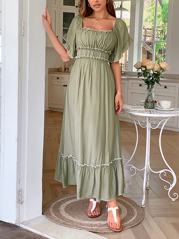 A-Line High Waisted Pleated Ruffle Trim Split-Joint Zipper Square-Neck Midi Dresses - Image 4