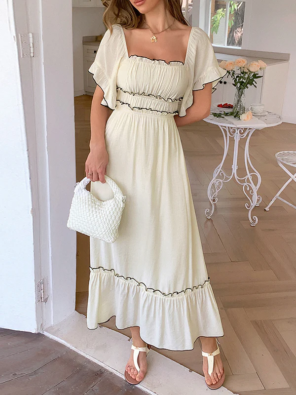 A-Line High Waisted Pleated Ruffle Trim Split-Joint Zipper Square-Neck Midi Dresses - Image 5