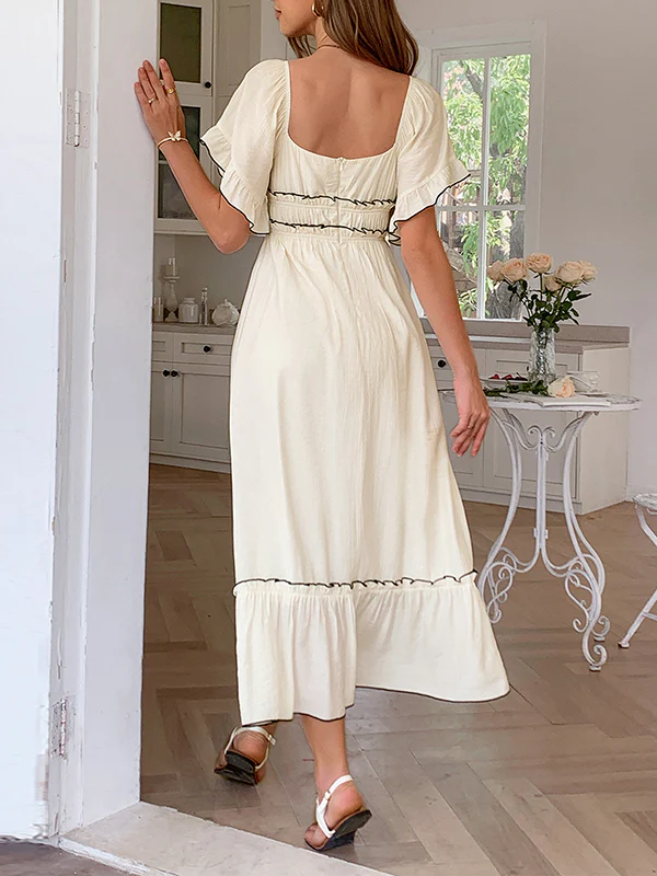 A-Line High Waisted Pleated Ruffle Trim Split-Joint Zipper Square-Neck Midi Dresses - Image 6