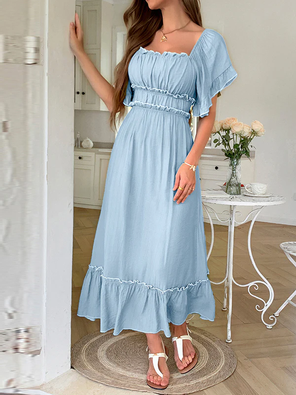 A-Line High Waisted Pleated Ruffle Trim Split-Joint Zipper Square-Neck Midi Dresses - Image 7