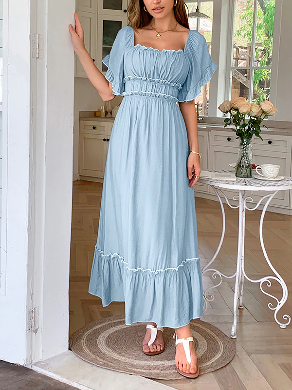 A-Line High Waisted Pleated Ruffle Trim Split-Joint Zipper Square-Neck Midi Dresses - Image 8