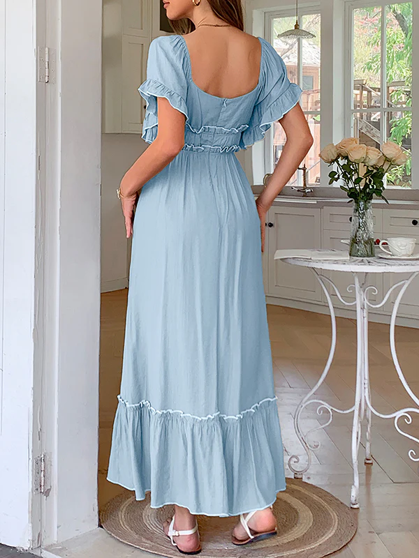 A-Line High Waisted Pleated Ruffle Trim Split-Joint Zipper Square-Neck Midi Dresses - Image 9
