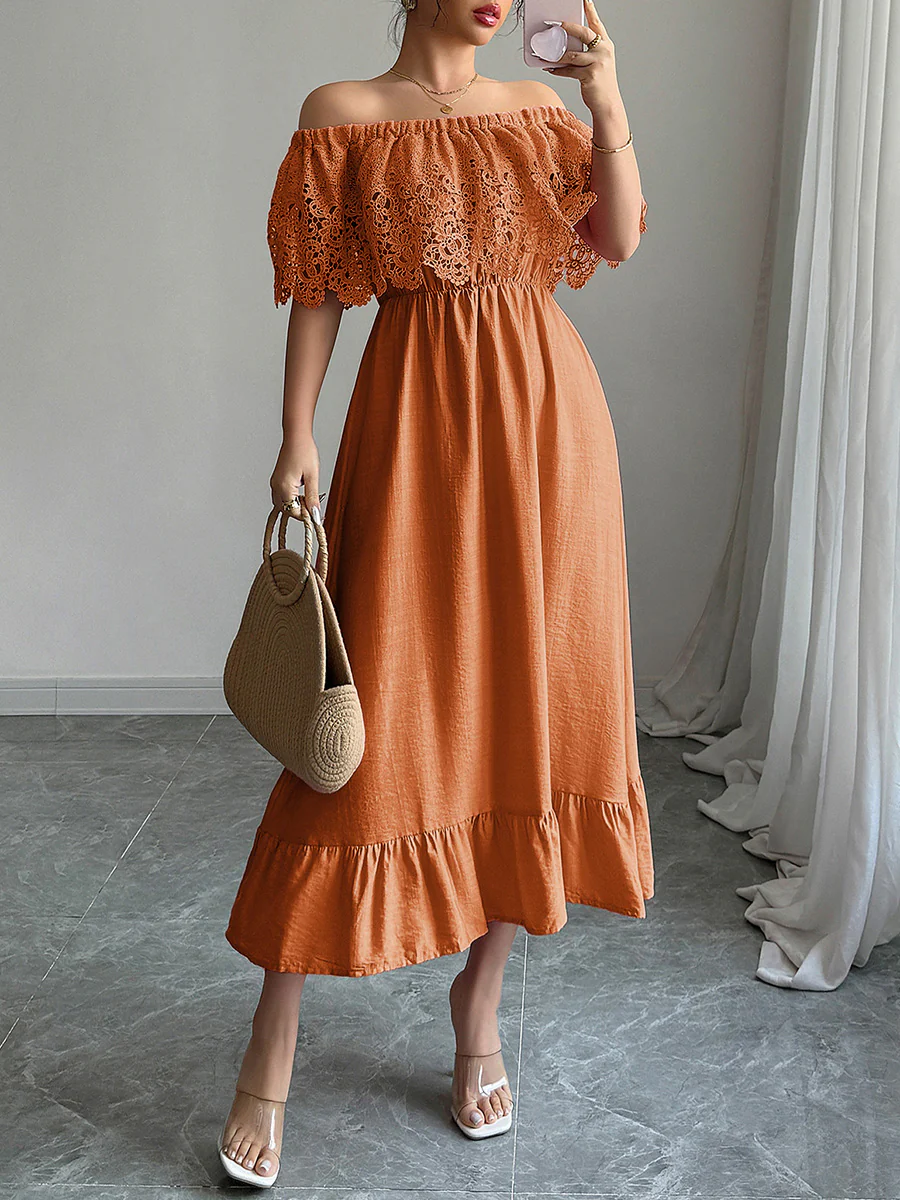 A-Line High Waisted Pleated Ruffled Solid Color Split-Joint Off-the-shoulder Midi Dresses - Image 2