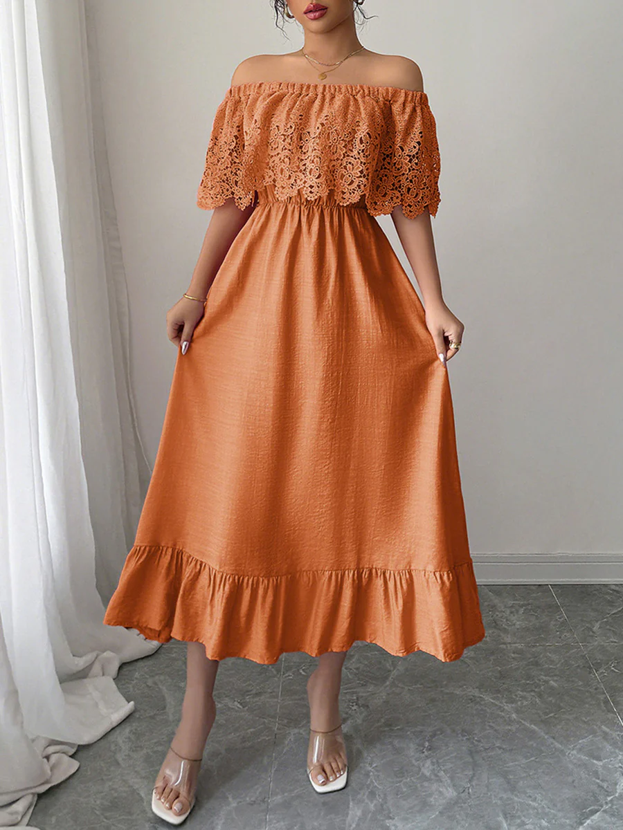 A-Line High Waisted Pleated Ruffled Solid Color Split-Joint Off-the-shoulder Midi Dresses - Image 3