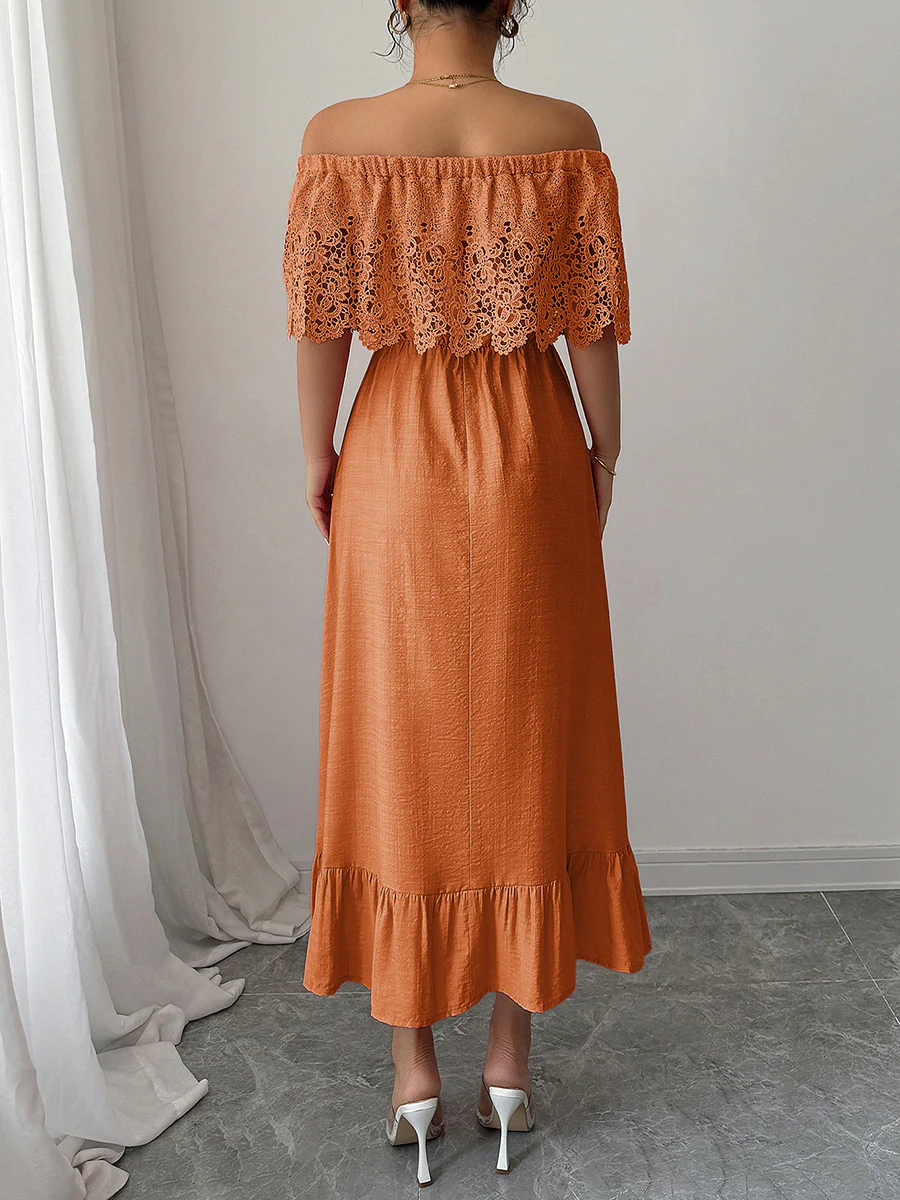 A-Line High Waisted Pleated Ruffled Solid Color Split-Joint Off-the-shoulder Midi Dresses - Image 4