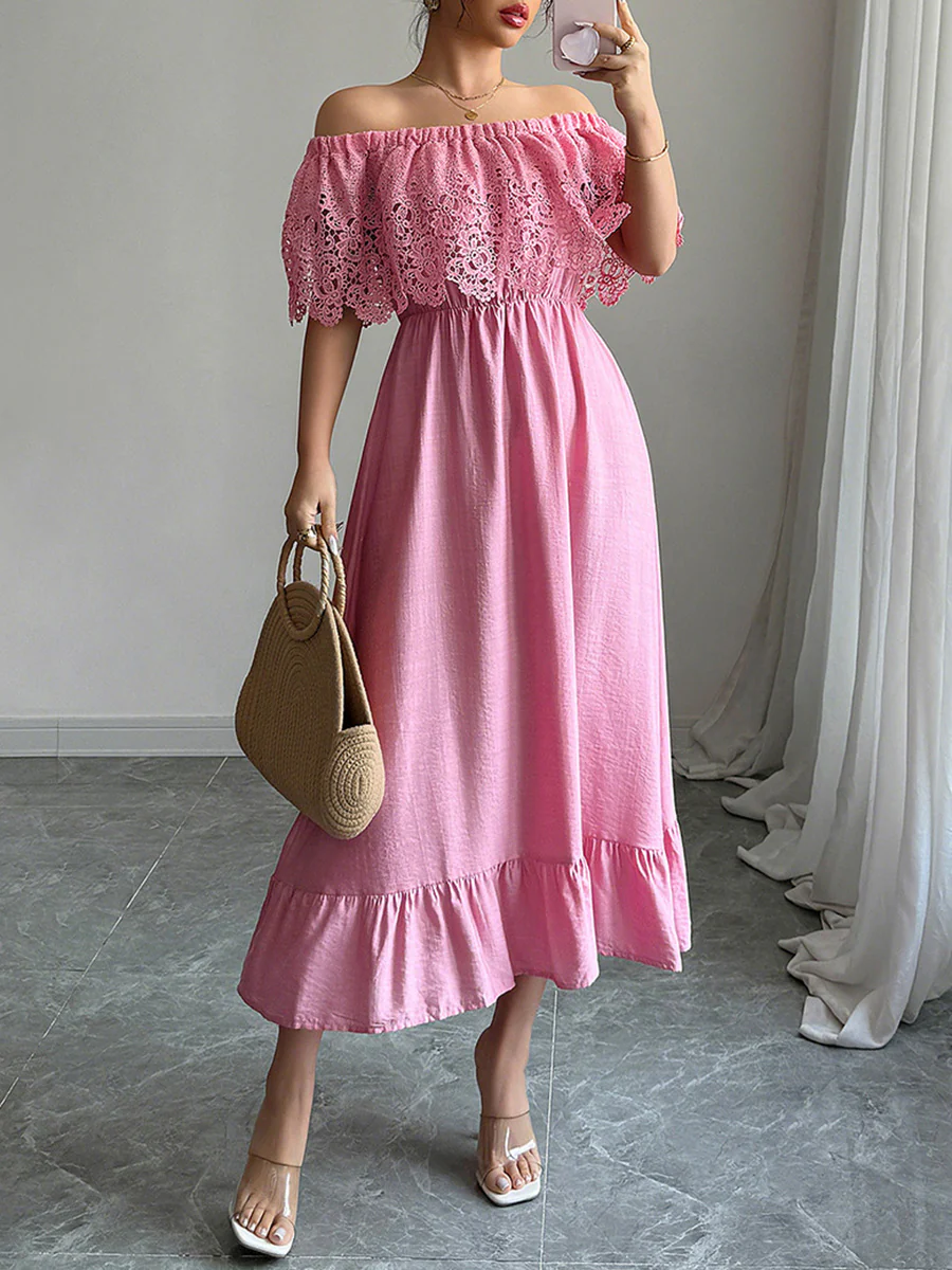 A-Line High Waisted Pleated Ruffled Solid Color Split-Joint Off-the-shoulder Midi Dresses - Image 5