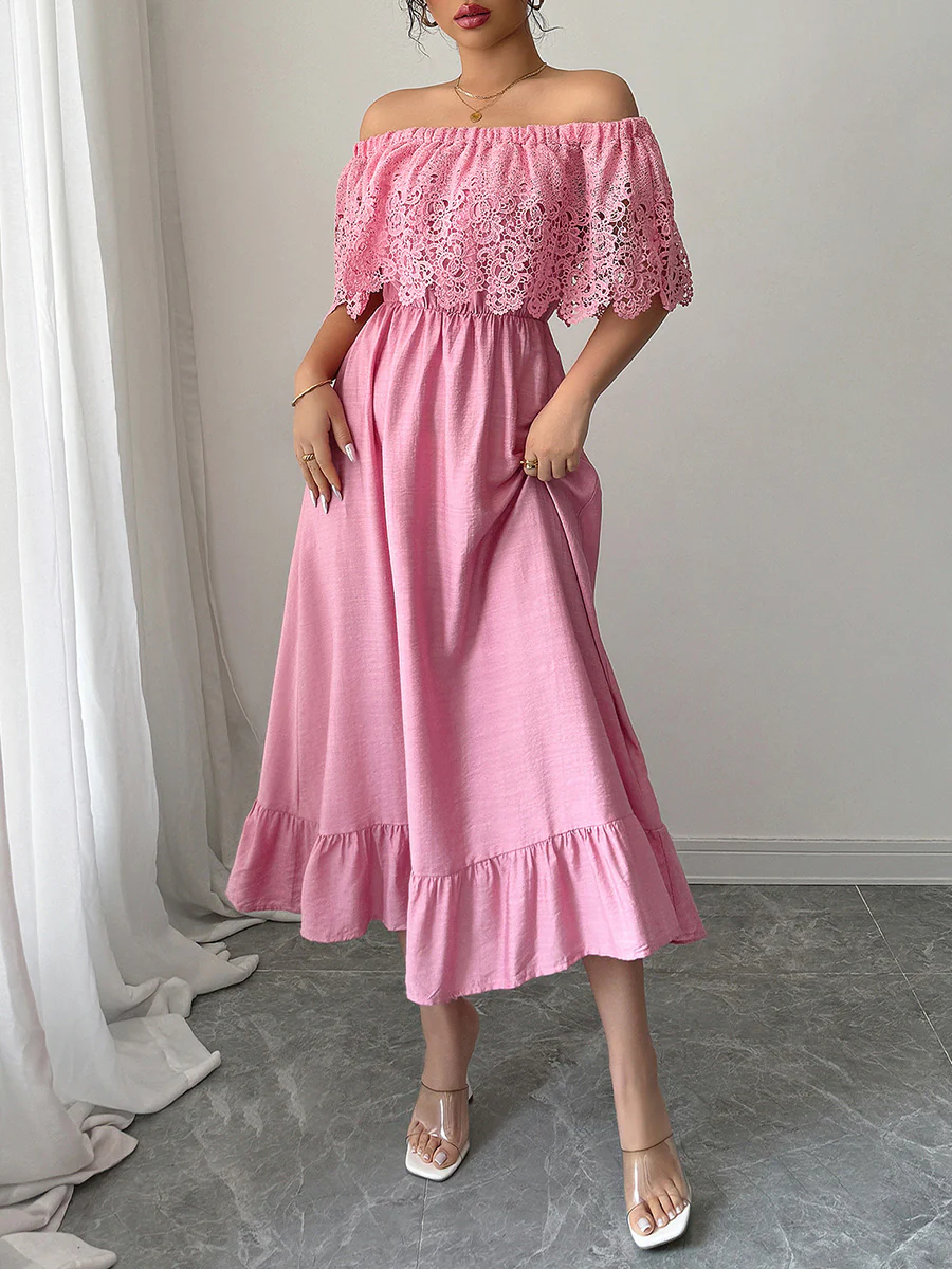 A-Line High Waisted Pleated Ruffled Solid Color Split-Joint Off-the-shoulder Midi Dresses - Image 6