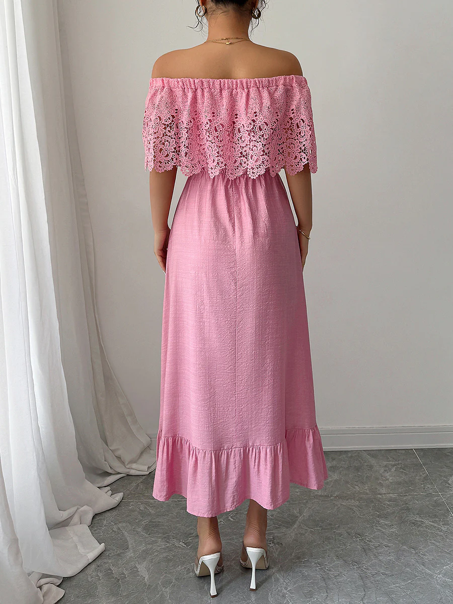 A-Line High Waisted Pleated Ruffled Solid Color Split-Joint Off-the-shoulder Midi Dresses - Image 7