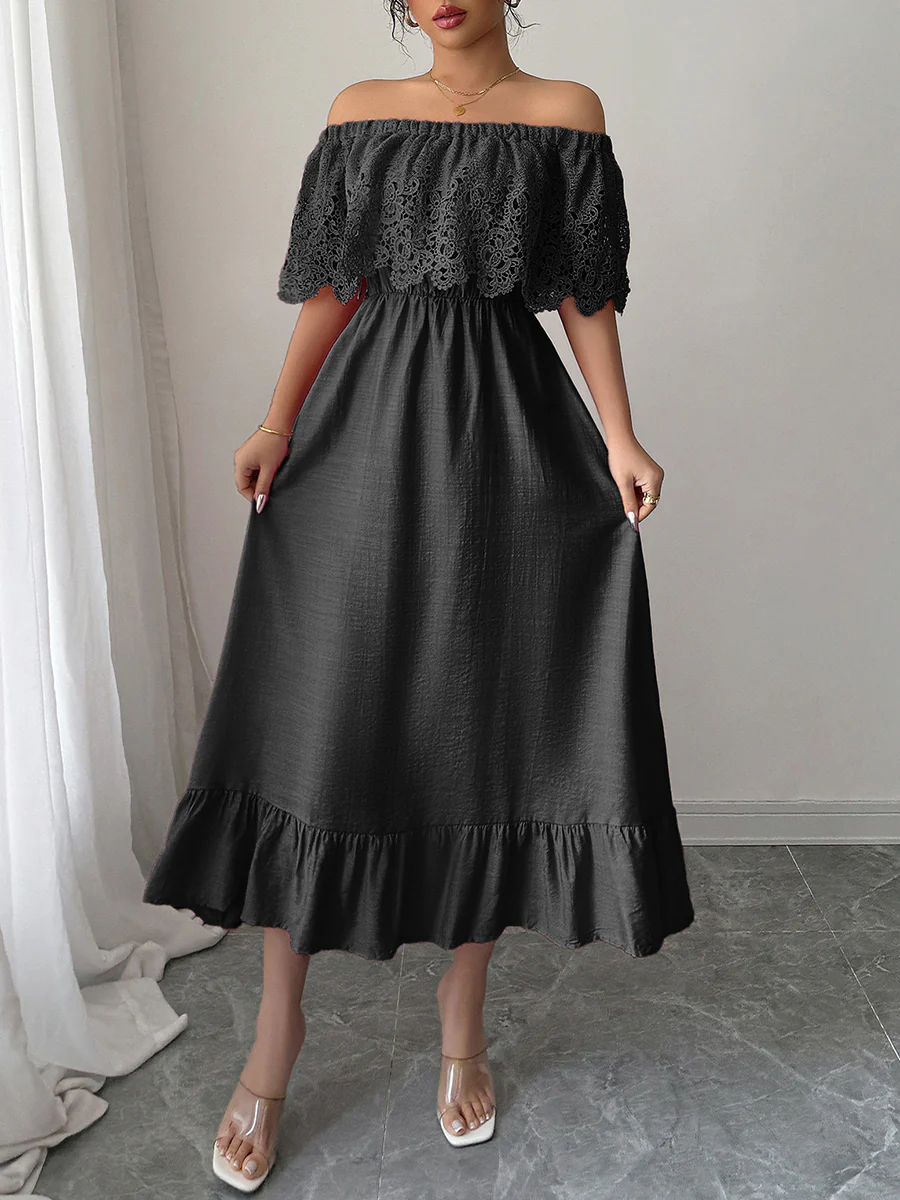 A-Line High Waisted Pleated Ruffled Solid Color Split-Joint Off-the-shoulder Midi Dresses - Image 8