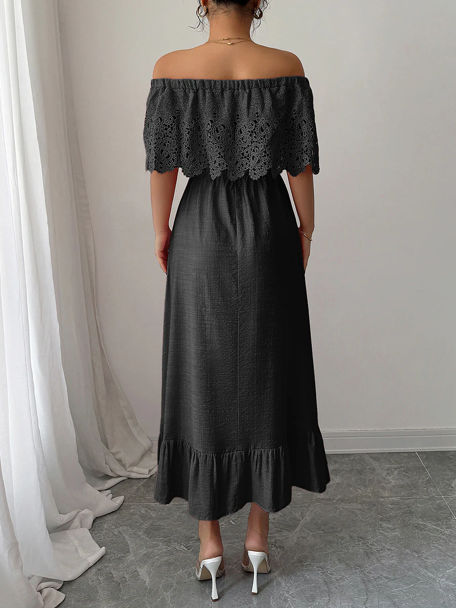 A-Line High Waisted Pleated Ruffled Solid Color Split-Joint Off-the-shoulder Midi Dresses - Image 9