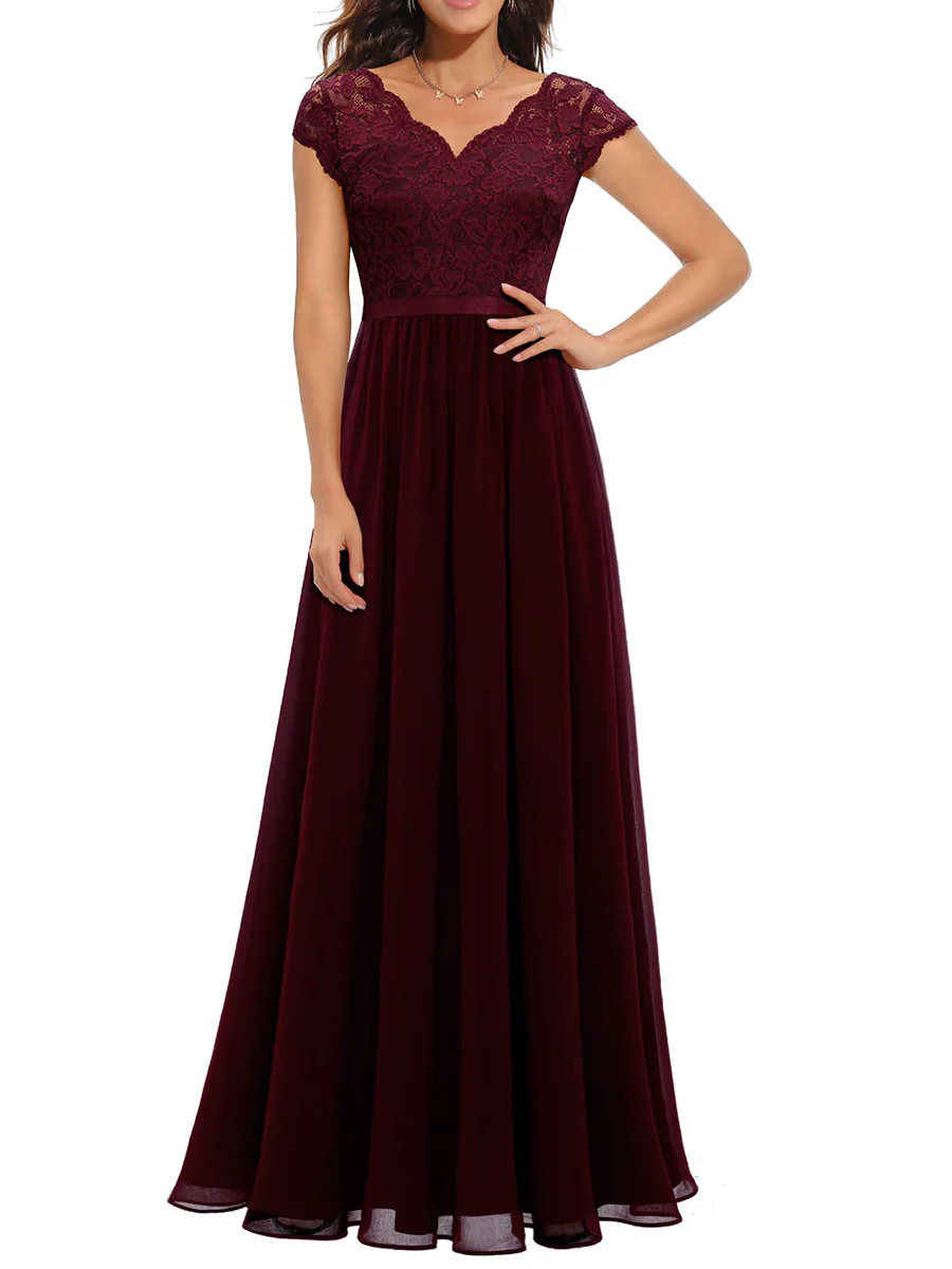 A-Line High Waisted Pleated See-Through Solid Color Split-Joint V-Neck Maxi Dresses - Image 3