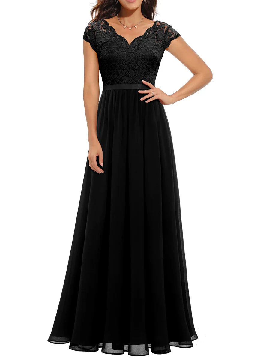 A-Line High Waisted Pleated See-Through Solid Color Split-Joint V-Neck Maxi Dresses - Image 4