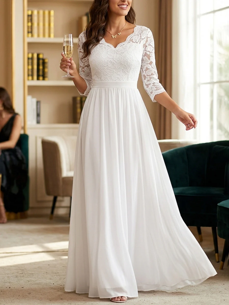 A-Line High Waisted Pleated See-Through Solid Color Split-Joint V-Neck Maxi Dresses - Image 2