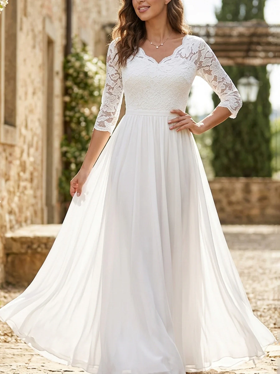 A-Line High Waisted Pleated See-Through Solid Color Split-Joint V-Neck Maxi Dresses - Image 3