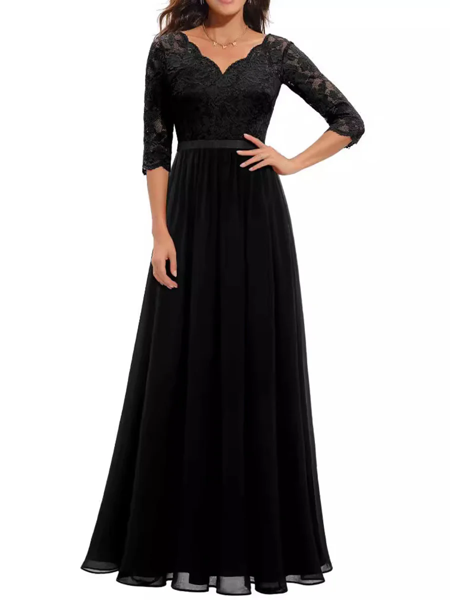 A-Line High Waisted Pleated See-Through Solid Color Split-Joint V-Neck Maxi Dresses - Image 5