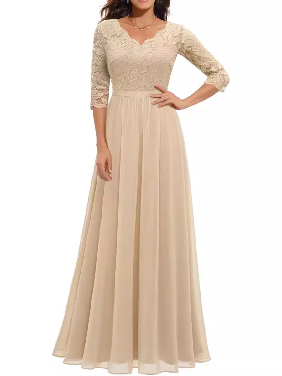 A-Line High Waisted Pleated See-Through Solid Color Split-Joint V-Neck Maxi Dresses - Image 6
