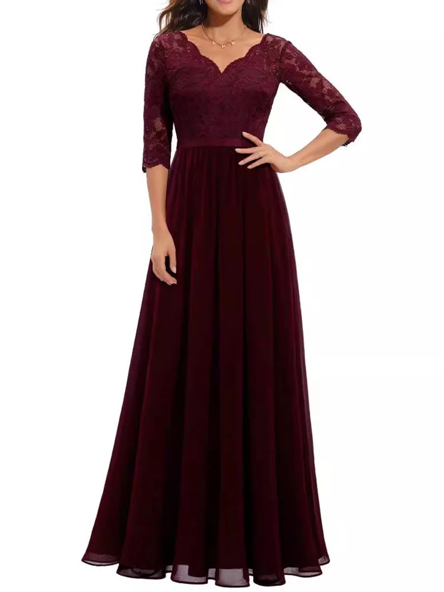 A-Line High Waisted Pleated See-Through Solid Color Split-Joint V-Neck Maxi Dresses - Image 7