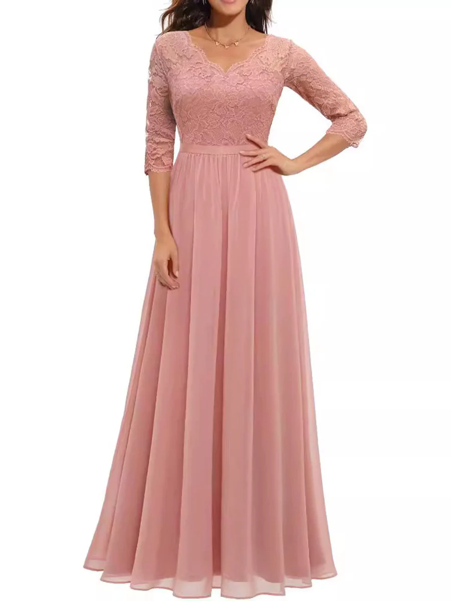 A-Line High Waisted Pleated See-Through Solid Color Split-Joint V-Neck Maxi Dresses - Image 8