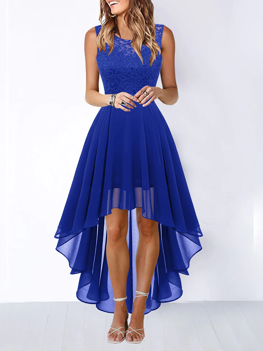 A-Line High Waisted Pleated See-Through Split-Joint Tied Waist Round-Neck Maxi Dresses - Image 8