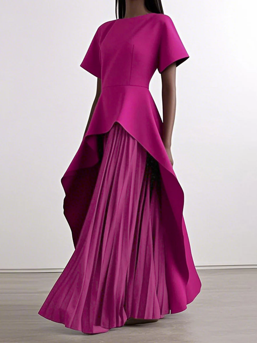 A-Line High Waisted Pleated Solid Color Split-Joint Round-Neck Maxi Dresses