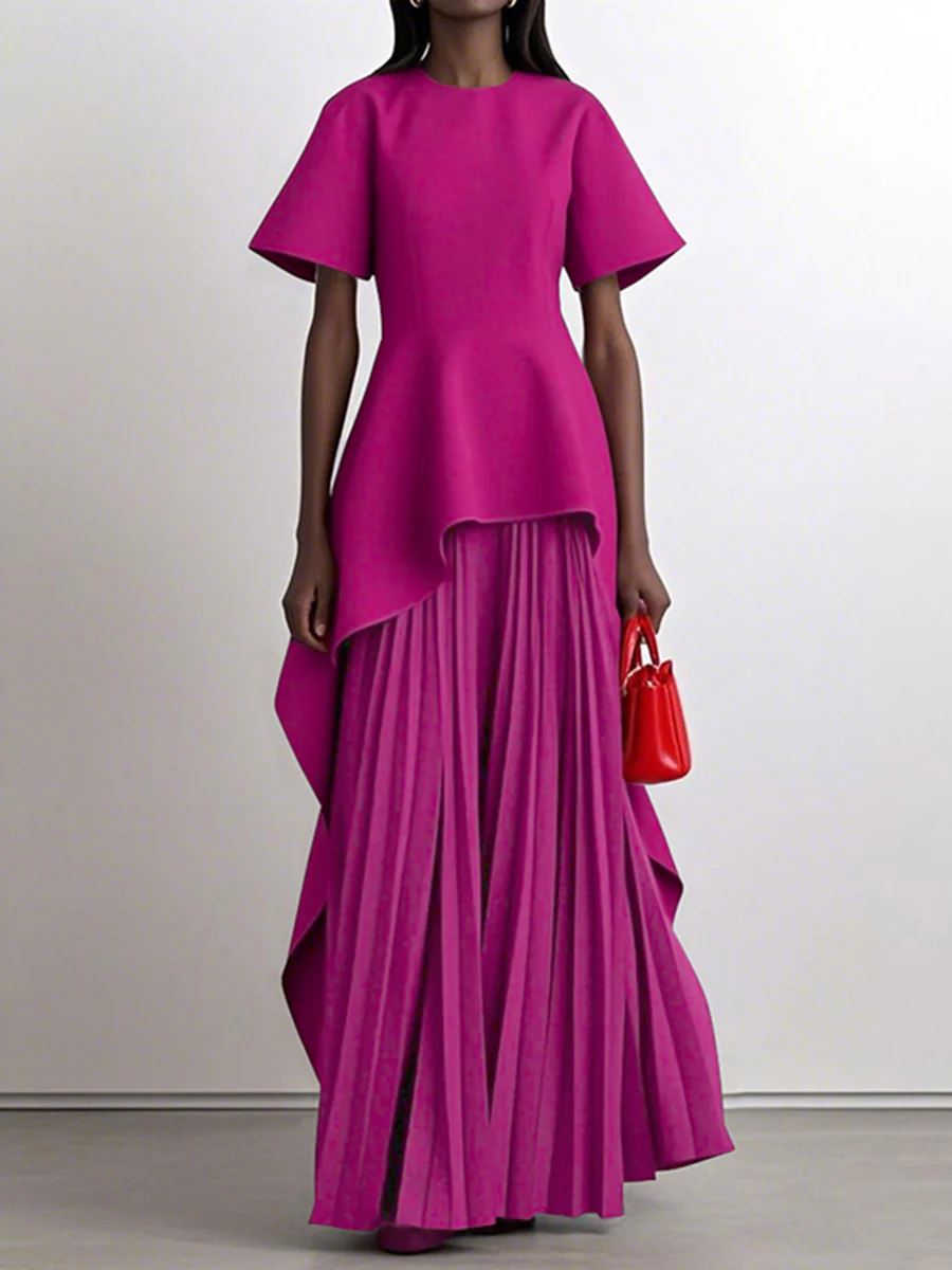 A-Line High Waisted Pleated Solid Color Split-Joint Round-Neck Maxi Dresses - Image 2
