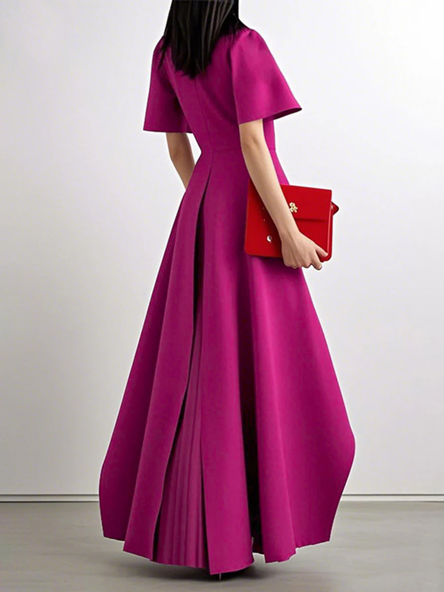 A-Line High Waisted Pleated Solid Color Split-Joint Round-Neck Maxi Dresses - Image 3