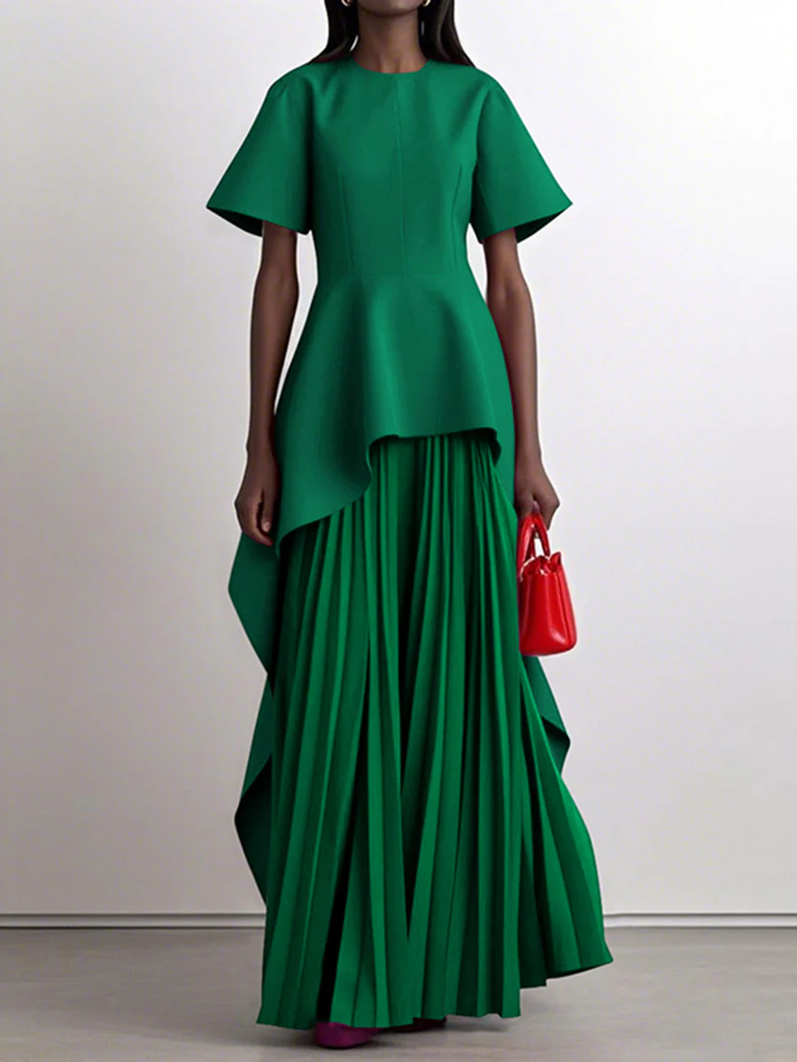 A-Line High Waisted Pleated Solid Color Split-Joint Round-Neck Maxi Dresses - Image 4