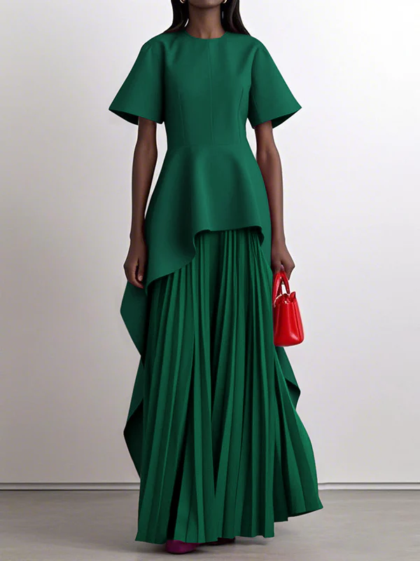 A-Line High Waisted Pleated Solid Color Split-Joint Round-Neck Maxi Dresses - Image 5